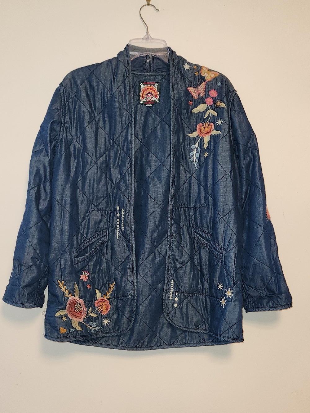 Johnny Was Navy Quilted Floral Embroidered Open-Front Jacket Size M
